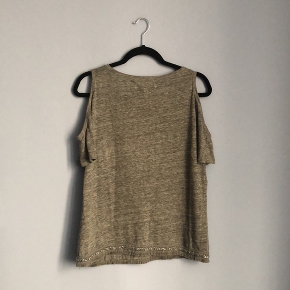 ⭕️ PRICE FIRM Derek Lam 10 Crosby M 100% Linen Fringe Gray Cold Shoulder Top - Picture 8 of 8